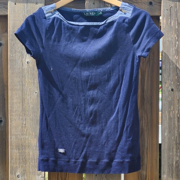 Lauren Ralph Lauren T-shirt Women's Size Small ATTRACTIVE NECKLINE Navy Blue - Picture 1 of 9